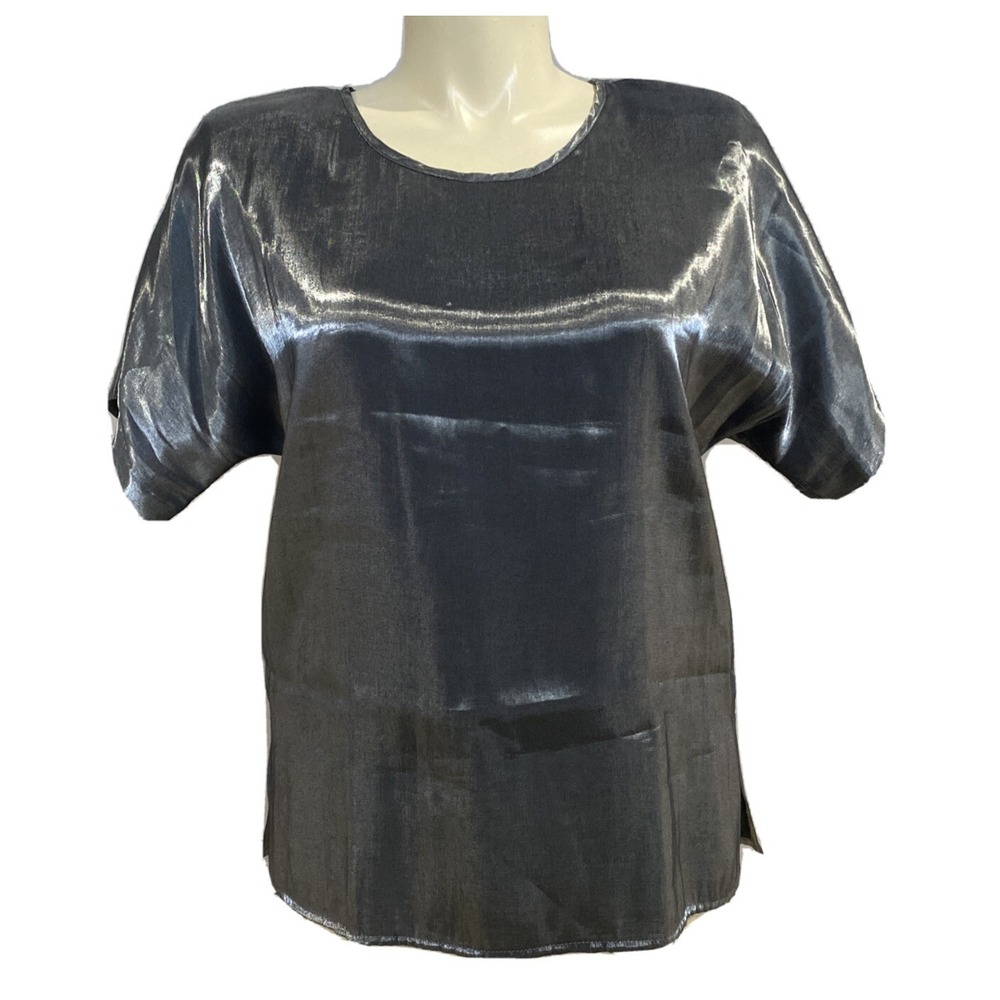 VTG LAURA KIEFFER Top 14 Dark Gray Silver Metallic Soft Fabric Short Sl Blouse